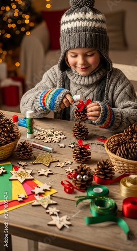 Happy child making handmade Christmas ornaments with pinecones at home.