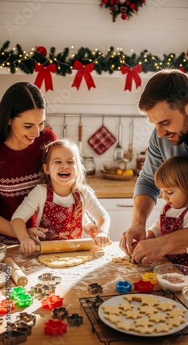 Happy Family Baking Christmas Cookies Together in a Cozy Decorated Kitchen.