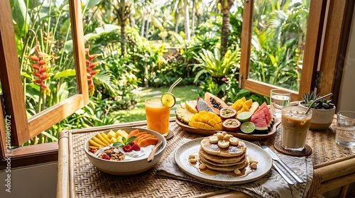 Healthy Tropical Breakfast with Pancakes Fresh Exotic Fruits Smoothie Bowl and Coffee by Garden Window