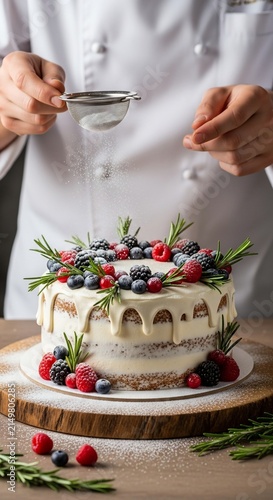 Professional pastry chef decorating a rustic berry cake with powdered sugar.