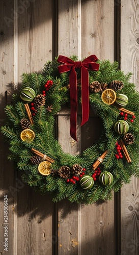 Rustic Christmas wreath with dried fruit and velvet ribbon on wooden door.