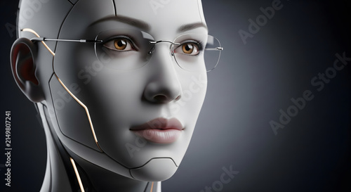 Close-up portrait of a humanoid robot wearing glasses against a dark background