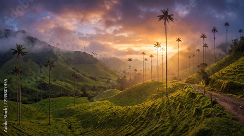 Cocora Valley Majesty: Towering wax palms pierce the mist-laden sky over Colombia's Cocora Valley as the golden sun descends, casting a warm, ethereal glow over the emerald landscape.