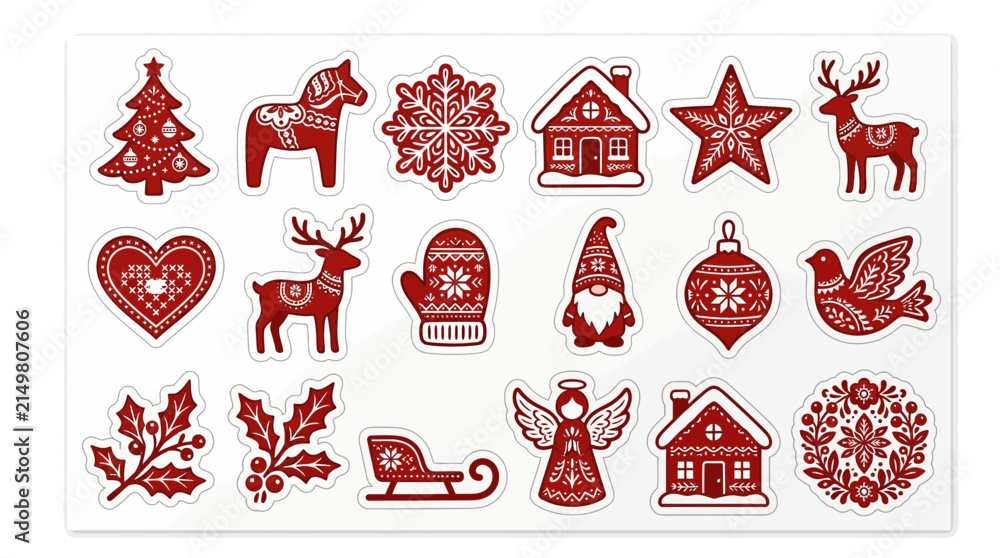 Fototapeta premium Set of Red Christmas Ornaments and Holiday Icons