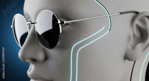 A close-up view of a humanoid robot head wearing round sunglasses with glowing neon lines.