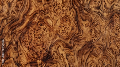 Abstract burl wood texture with intricate swirling grain patterns, ideal for luxury branding backgrounds, premium interior veneer design, and high-end 3D material mapping.
