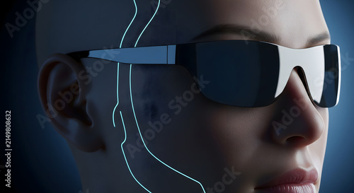 Close up portrait of a person wearing futuristic sunglasses with glowing lines on the face against a dark blue background