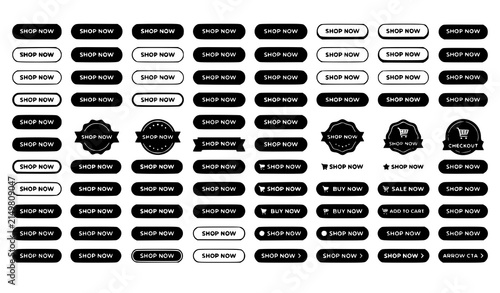 A professional vector set of 50 original e-commerce call-to-action buttons featuring 