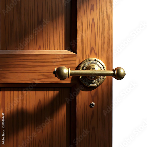 Close up of antique brass door handle and lock on polished wooden door with dramatic sunlight casting shadows for luxury and vintage style.