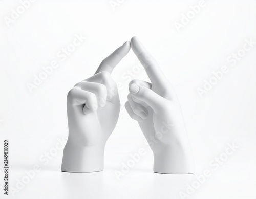 White hands forming triangular shape with fingers on light background