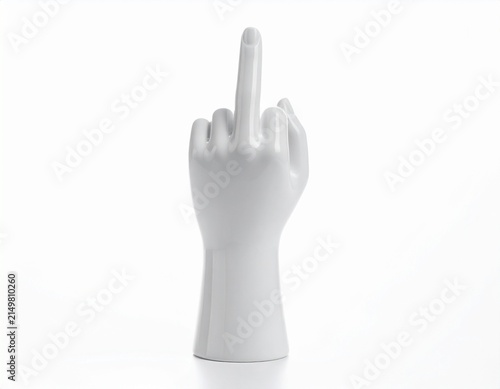 White ceramic hand figurine with index finger up, modern decor item featuring raised digit