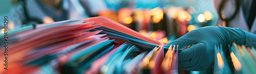 Research data integrity concept with scientist carefully handling colorful file folder archive documents
