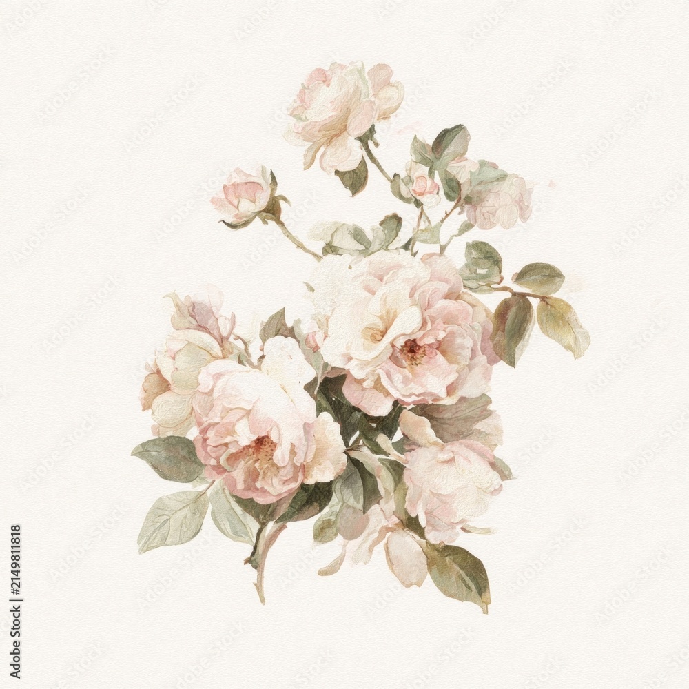 Fototapeta premium Delicate watercolor roses with soft pink petals and green leaves.