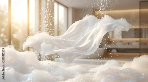 Flowing white silk fabric in airy soap bubble bathroom environment.