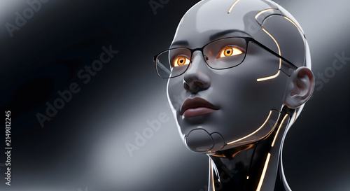 A humanoid robot wearing glasses with glowing yellow eyes against a dark background