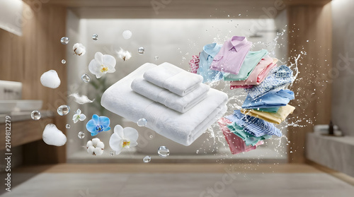 Flying laundry with towels clothes water splashes and floral scent.