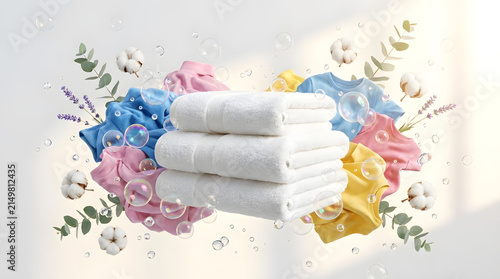 Stacked white towels with laundry, bubbles, and cotton flowers.