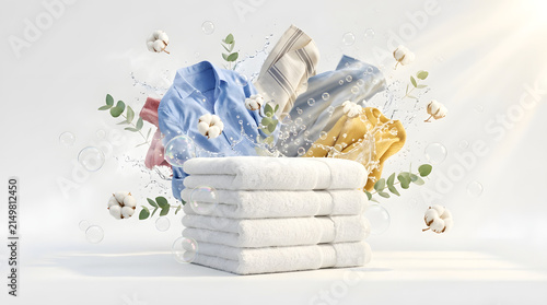 Stacked white towels with colorful clothes and cotton flowers.