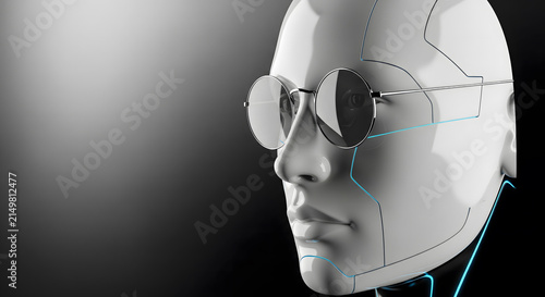 A futuristic white humanoid robot wearing round sunglasses against a dark background