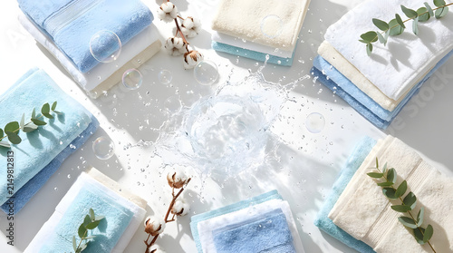 Stacks of blue and white towels with water splashes and cotton.