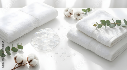 White spa towels with cotton flowers and eucalyptus.