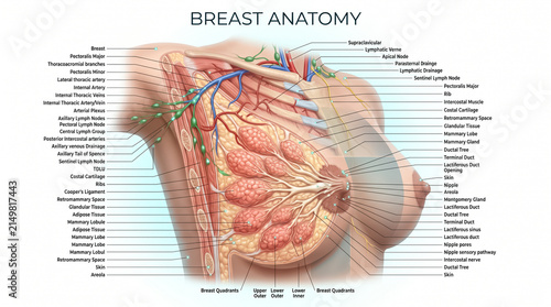 Detailed medical illustration showing human breast anatomy including glandular tissue lymph nodes arterial pathways and various duct structures for educational purposes