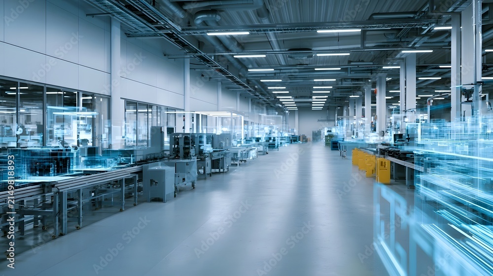 Fototapeta premium A modern factory interior showcasing industrial hinery along a long corridor under bright lighting