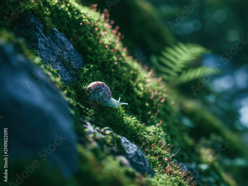 Tiny snail crossing a miniature moss forest landscape, cinematic depth like giant world