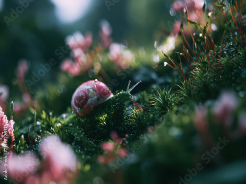 Tiny snail crossing a miniature moss forest landscape, cinematic depth like giant world