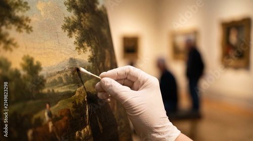 Close up of art restorer hand using cotton swab to clean old oil painting in museum