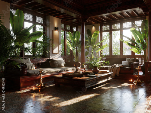 Traditional South Indian home interior, wooden carved furniture, Athangudi tile flooring, brass oil lamps, banana leaf plants indoors, warm sunlight filtering through windows, cozy cinematic lighting,