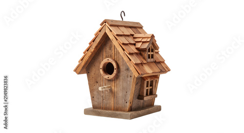 Fotografie Handmade wooden birdhouse isolated on transparent background