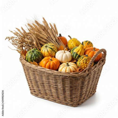 Wicker basket filled with decorative pumpkins and dried wheat stalks for autumn seasonal harvest decor on white background.