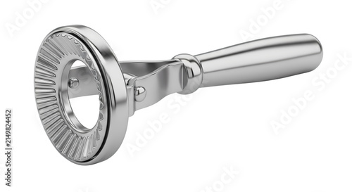 Stainless steel round pastry cutter wheel and pasta crimper tool isolated on white background
