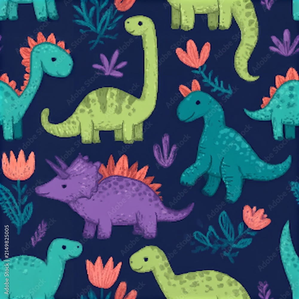 Seamless vector pattern with sketch of dinosaurs and abstract floral. Decoration print for wrapping, wallpaper, fabric. Seamless vector texture.