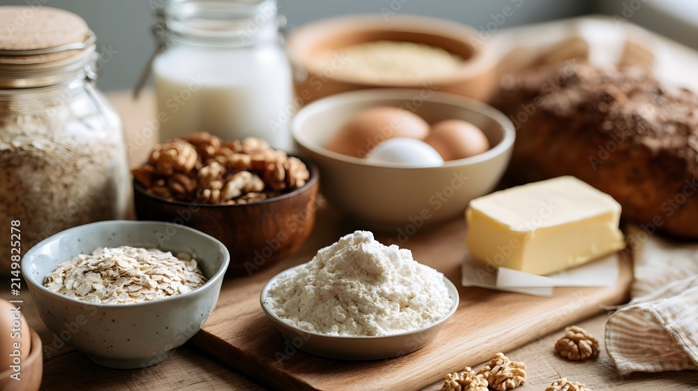 Fototapeta premium A rustic wooden board displays an array of wholesome baking ingredients including flour oats eggs butter walnuts and milk