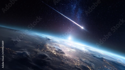 Bright meteor streaking above earth horizon against vast starry deep space