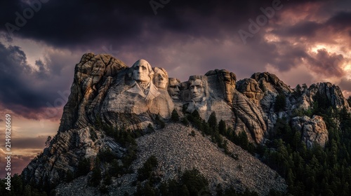 Granite mountain sculptures under dramatic stormy sunset clouds over forest