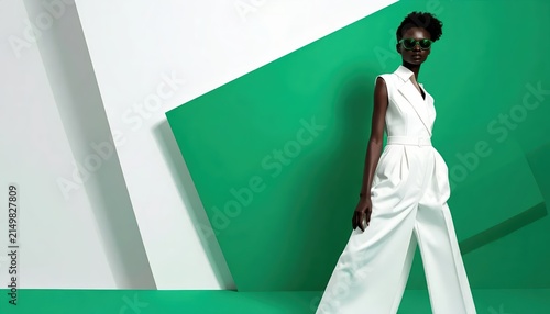 Fashionable Black Woman in Elegant White Jumpsuit and Sunglasses Against a Minimalist Green Geometric Background with Large Copy Space for Brand Messaging