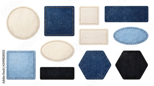 Set of various shapes of denim and leather clothing labels isolated on transparent background