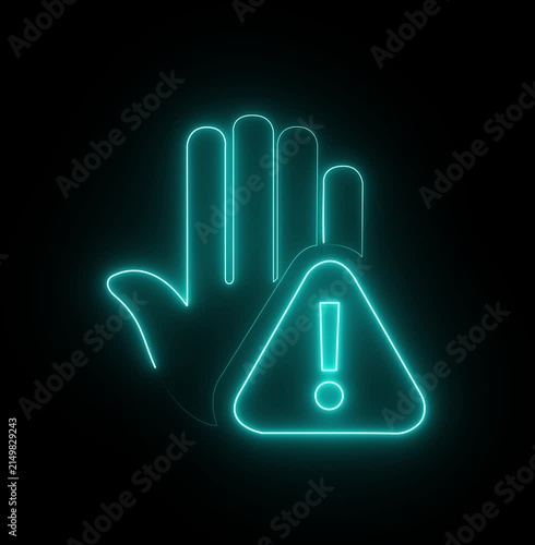 Prohibitory sign Animation with a raised hand with neon tringle icon. Emergency Caution Symbol for Safety, Security, Risk Prevention and Digital Interface on Black Background,4K..