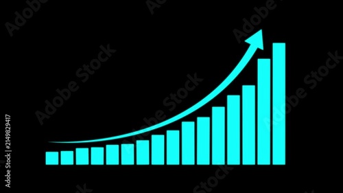 Bar chart growth icon with rising up arrow on black background. Simple clean financial progress, busine motion graphic of height and a left-pointing arrow indicating..