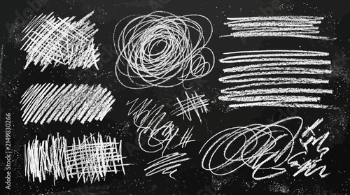 Hand drawn white chalk scribble vector graphic elements isolated on a dark textured black background surface