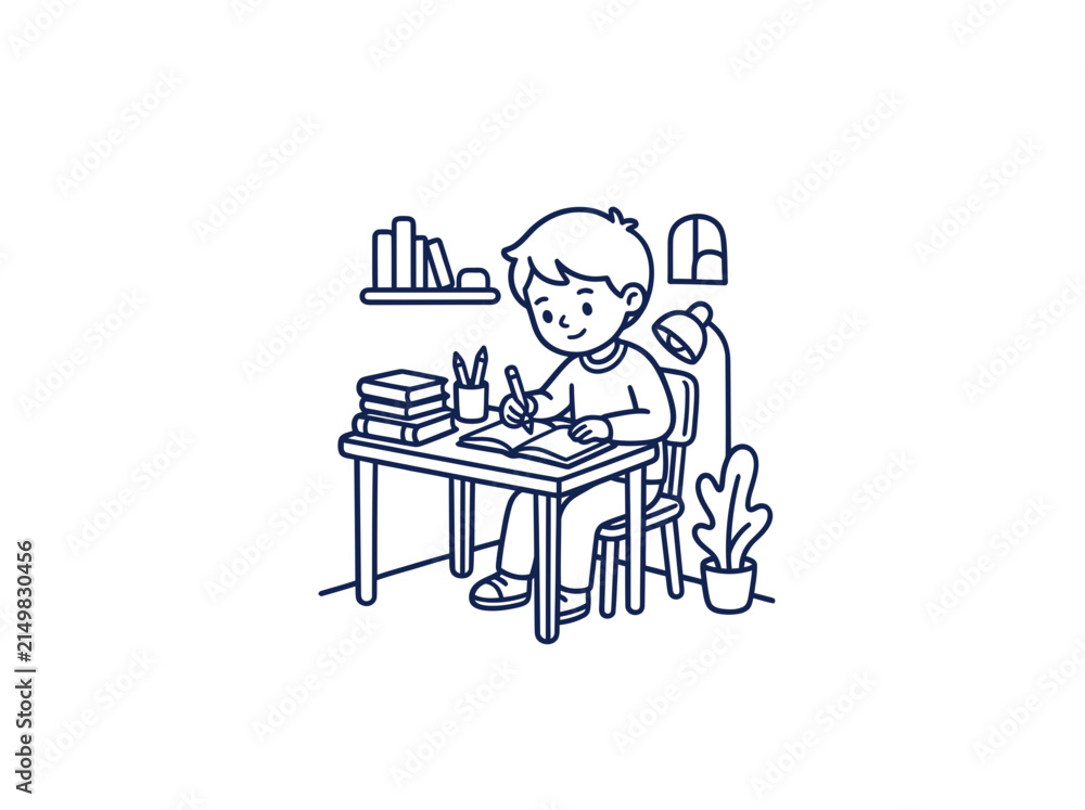 Fototapeta premium Young boy drawing at a desk with school supplies.