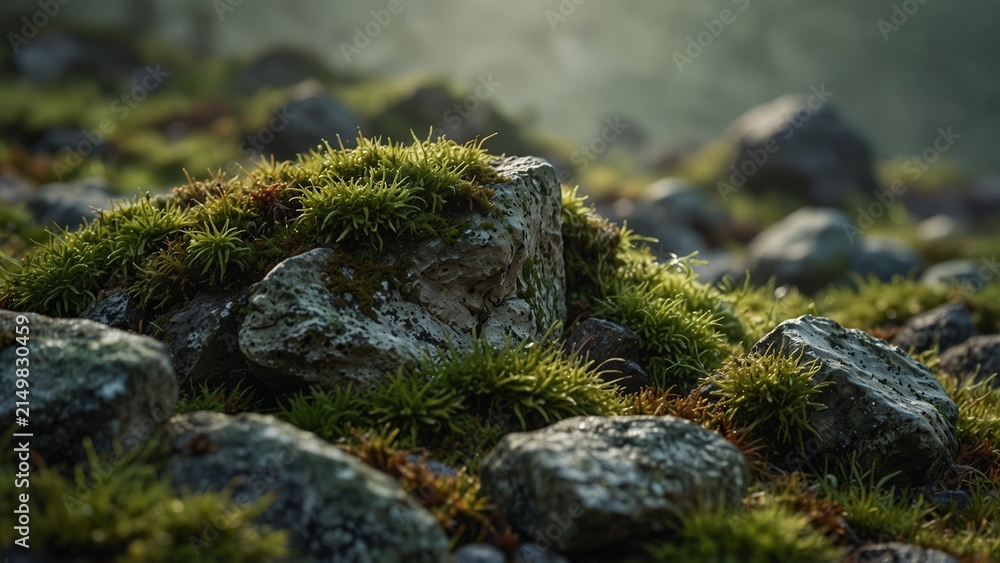 Fototapeta premium Creative composition of moss growing on rocks - Generative AI