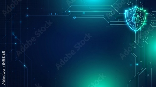 Abstract Cyber Security Data Protection Background Template with Glowing Digital Shield Lines and Copy Space