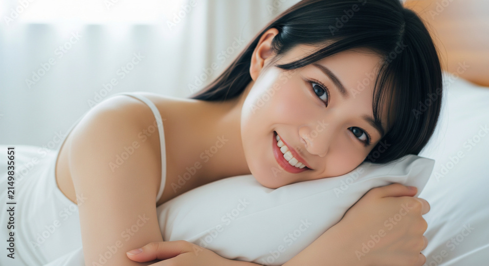 Fototapeta premium 枕を抱きしめて幸せそうに微笑むキャミソール姿の女性