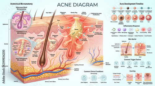 Acne diagram illustrating skin microanatomy sebaceous glands follicular blockage inflammatory response and developmental stages of human skin pore health issues