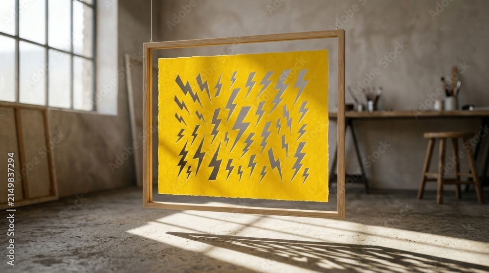 Naklejka premium Vibrant Yellow Artwork with Lightning Bolt Pattern in a Sunlit Studio.