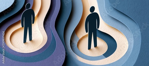 Faceless professional figures connected by layered circular pathways in paper cut style
